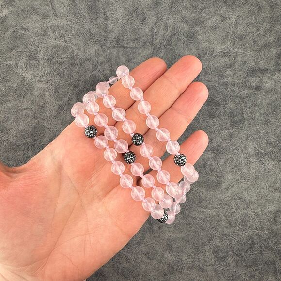 Faceted Rose Quartz Beaded Natural Stone Necklace 19" Soft Pink Black Elegant - Picture 8 of 10